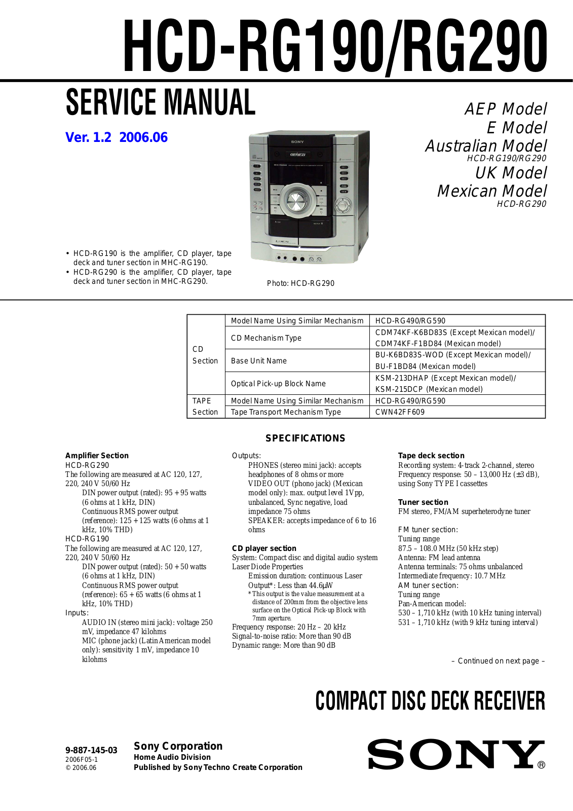 Sony HCD-RG190, HCD-RG290 User Manual
