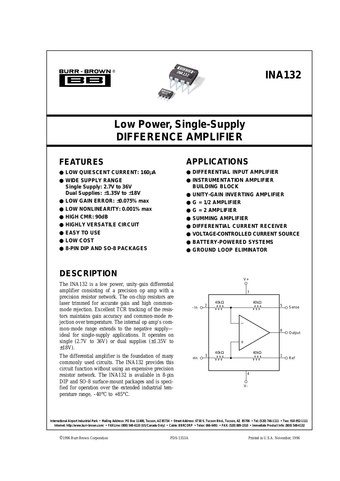 Burr Brown INA132PA, INA132P, INA132UA-2K5, INA132UA, INA132U-2K5 Datasheet