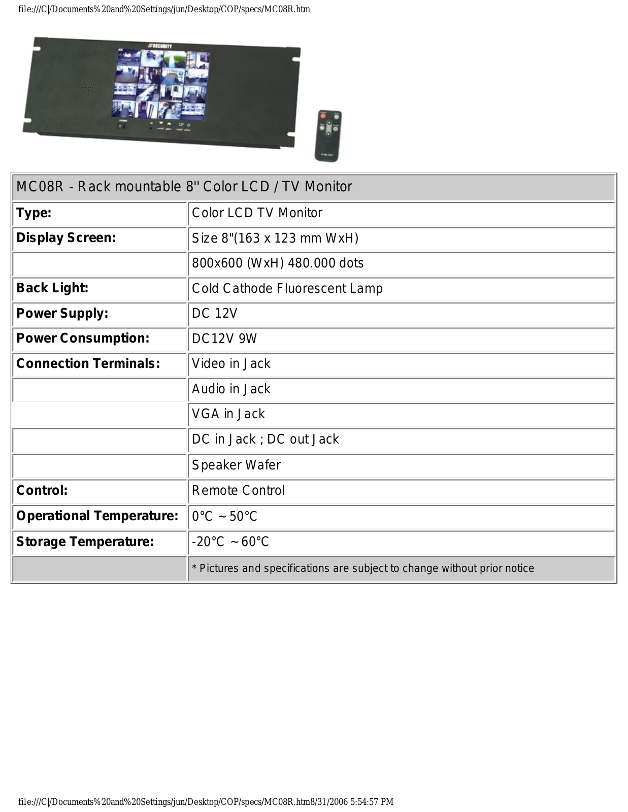 COP-USA MC08R Specsheet