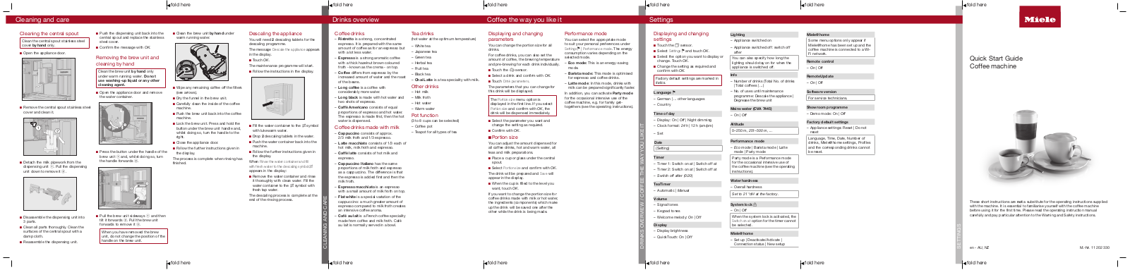 Miele CVA7440, CVA7440B, CVA7440W, CVA7440G Specifications Sheet