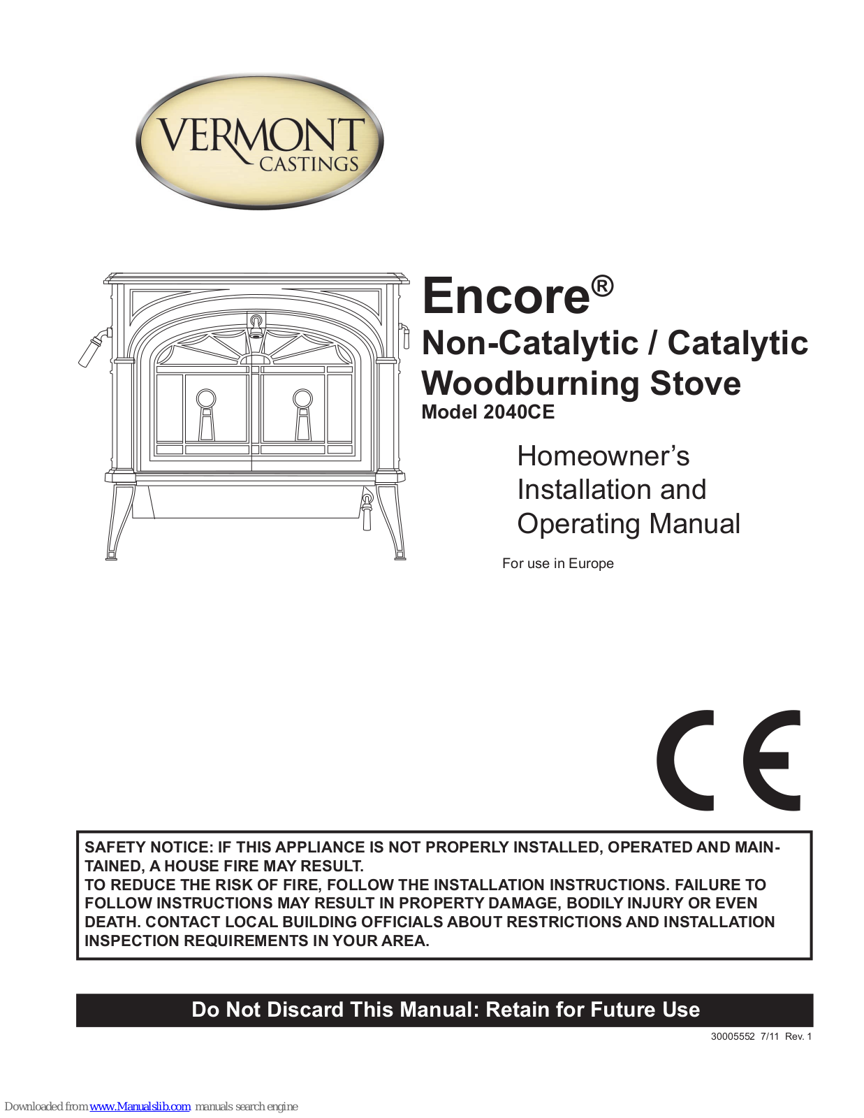 Vermont Castings Encore 2040CE Installation And Operating Manual