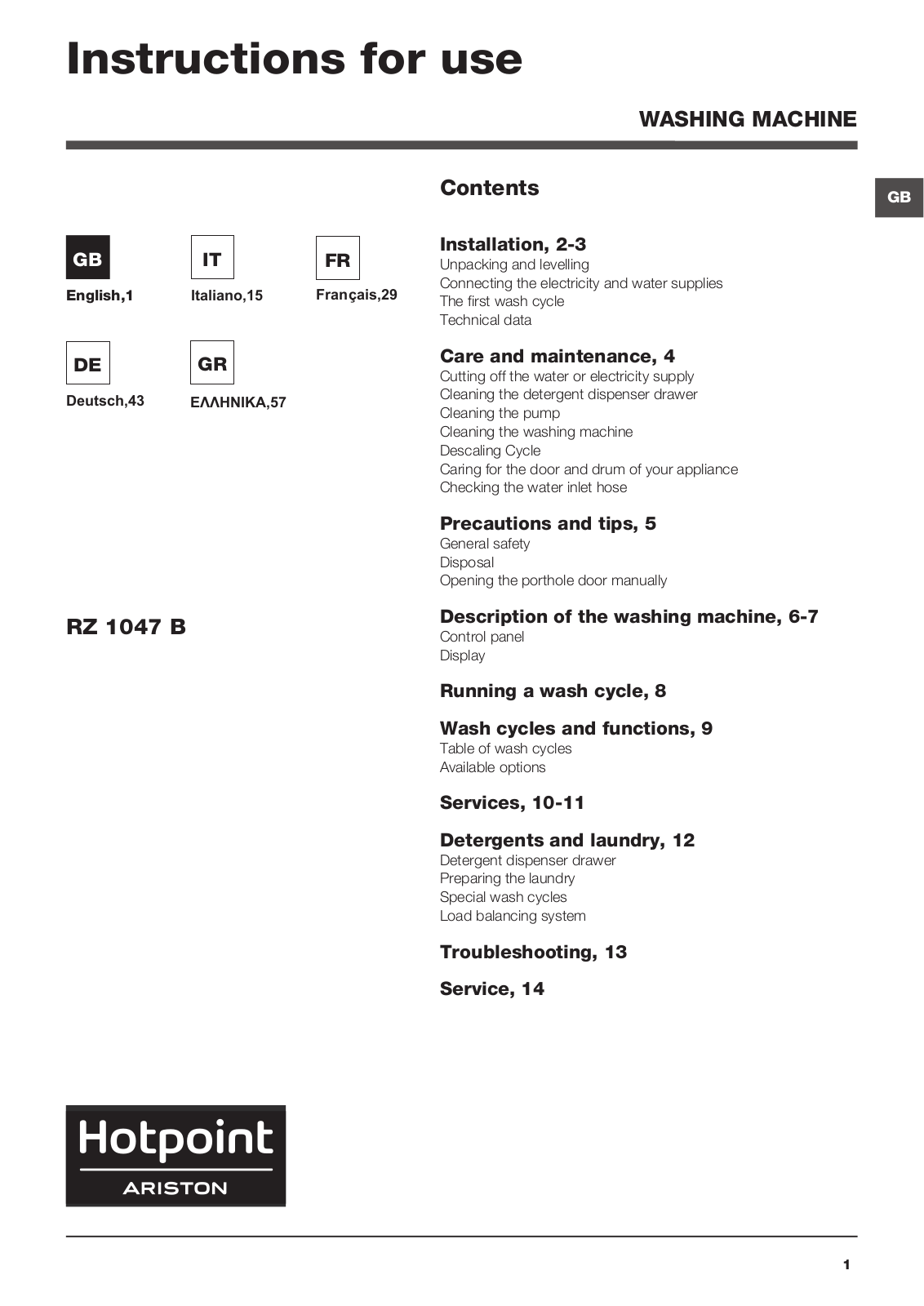 HOTPOINT/ARISTON RZ 1047 B EU User Manual