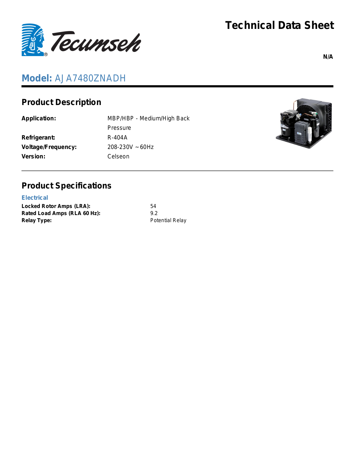 Tecumseh AJA7480ZNADH Technical Data Sheet