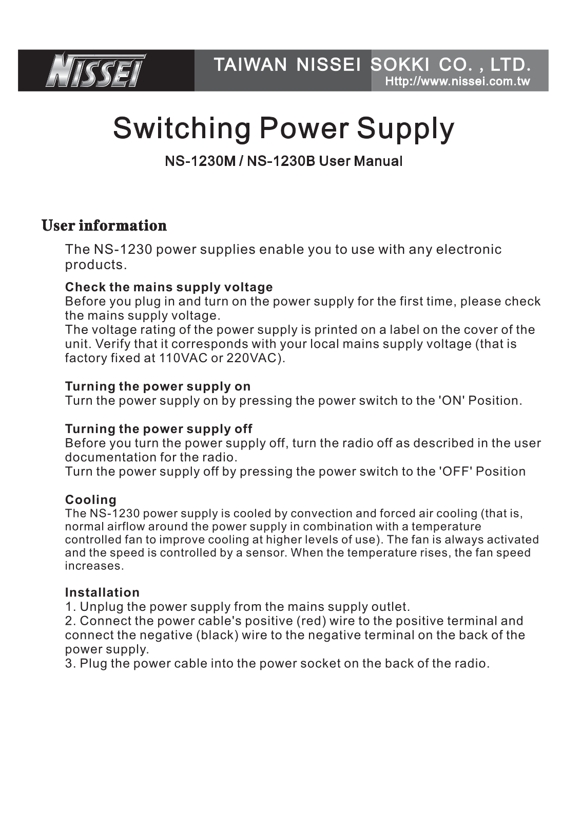 Nissei NS-1230M, NS-1230B User Manual