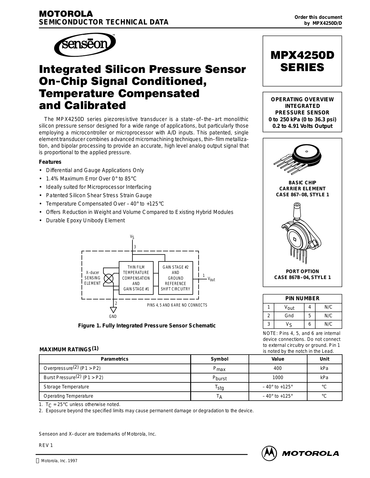 Motorola MPX4250GSX, MPX4250DP, MPX4250GS, MPX4250D Datasheet