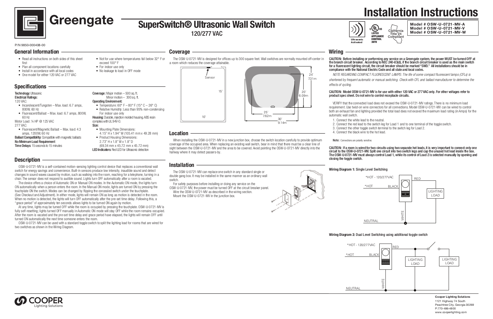 Greengate OSW-U-0721-MV-A, OSW-U-0721-MV-V, OSW-U-0721-MV-W Installation Manual