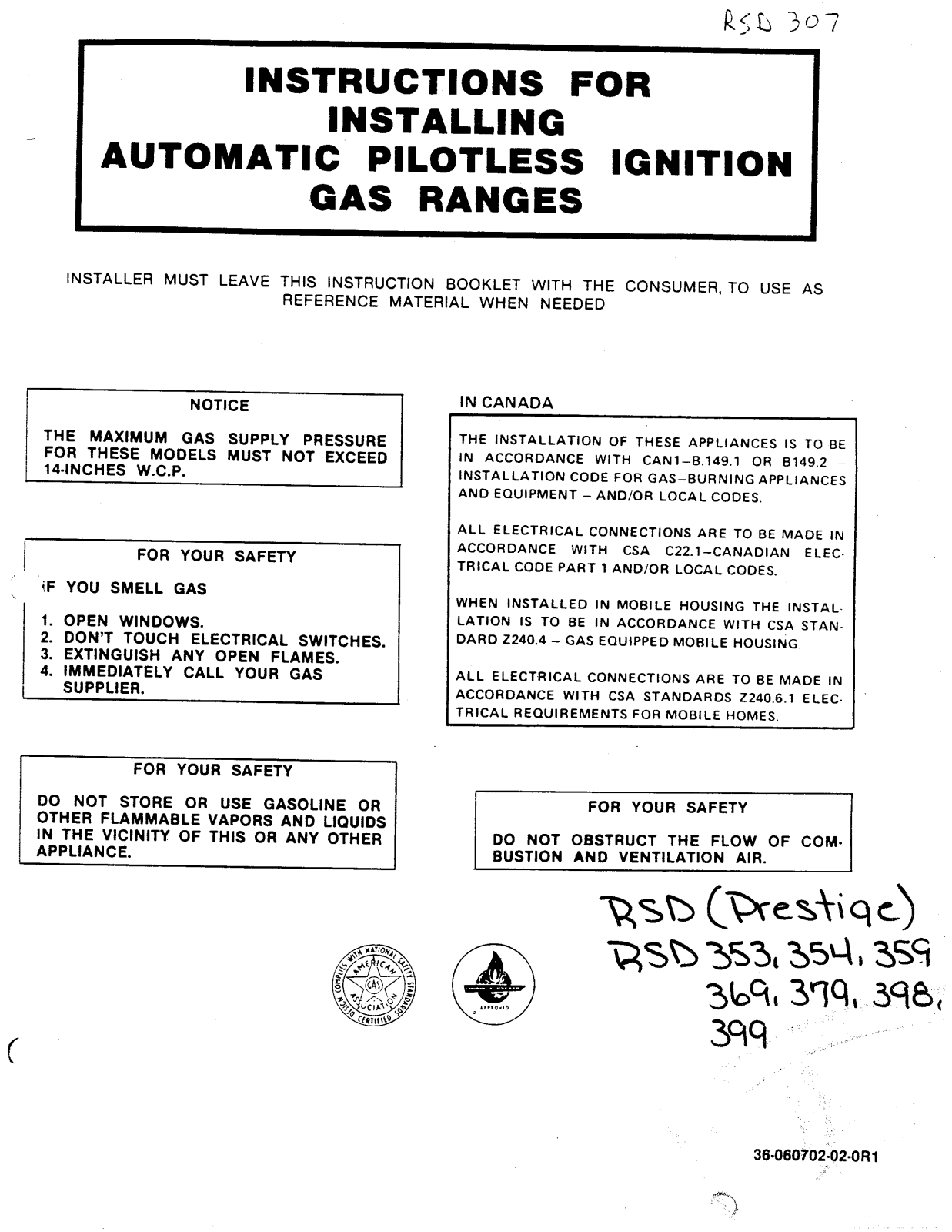 Caloric RSD307 Installation Instructions