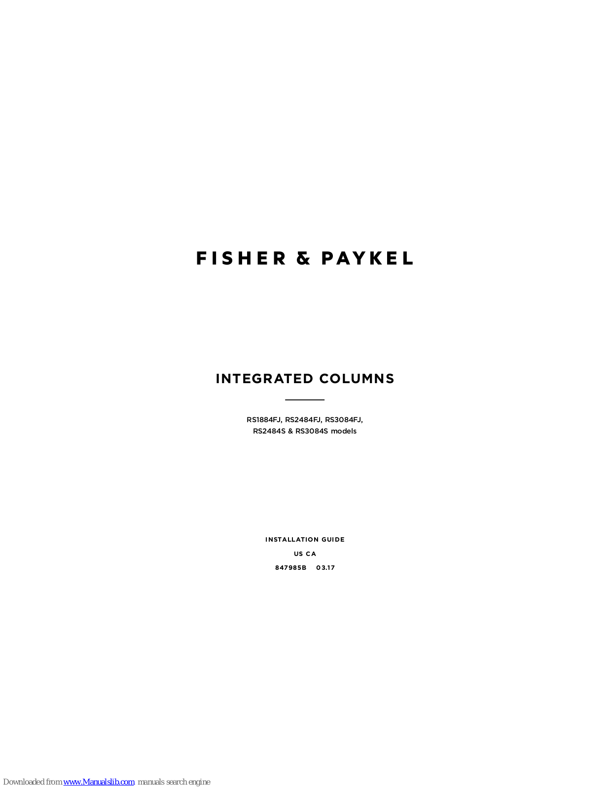 Fisher & Paykel RS1884FJ, RS3084FJ, RS3084S, RS2484S, RS2484FJ Installation Manual