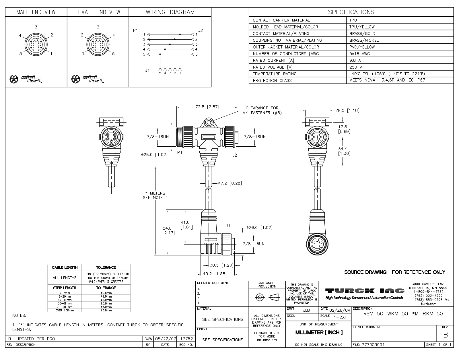 Turck RSM50-WKM50-0.2M-RKM50 Data Sheet