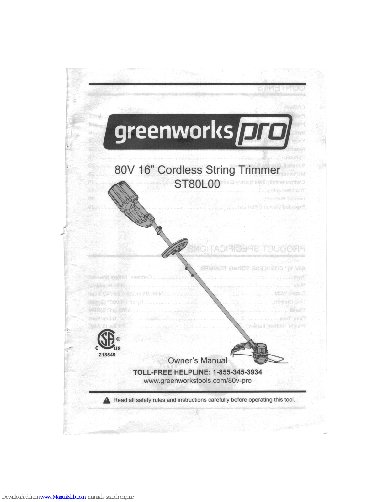 GreenWorks Pro ST80L00 Owner's Manual