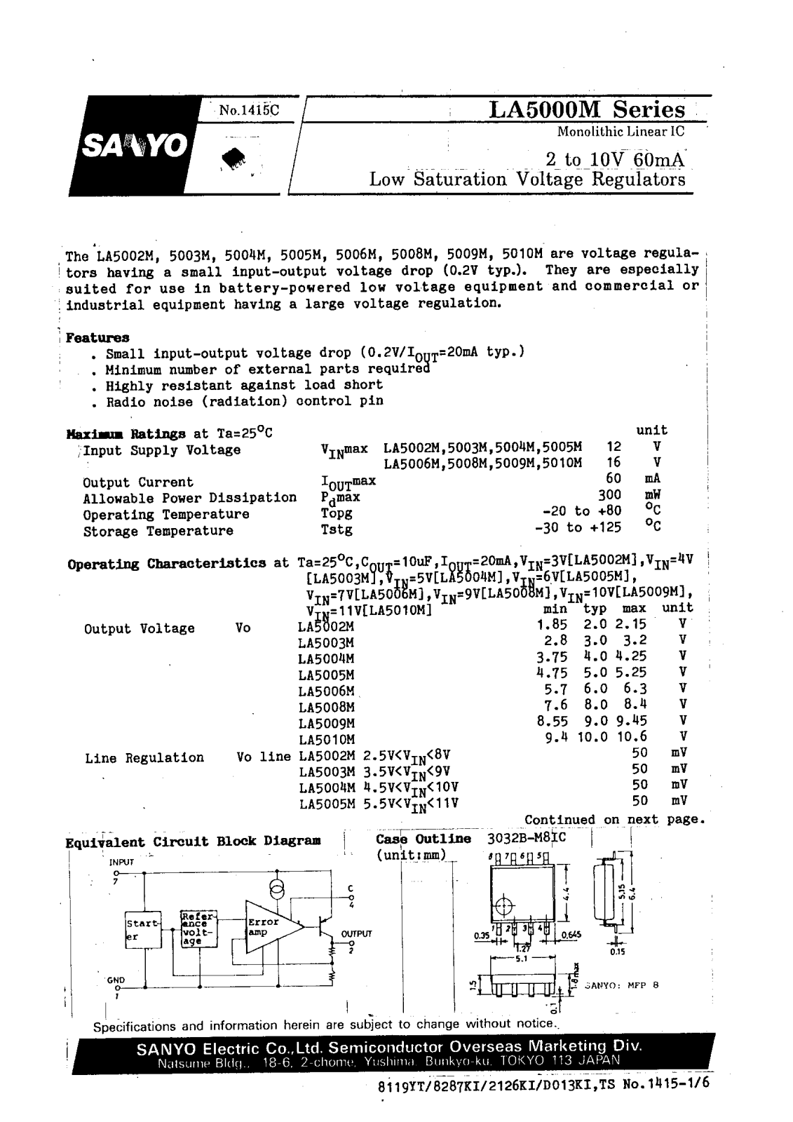 Sanyo LA5010M Specifications