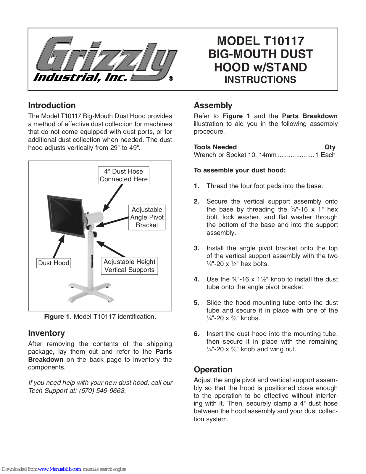 Grizzly Big-Mouth Dust Hood w/ Stand T10117 Instruction Manual