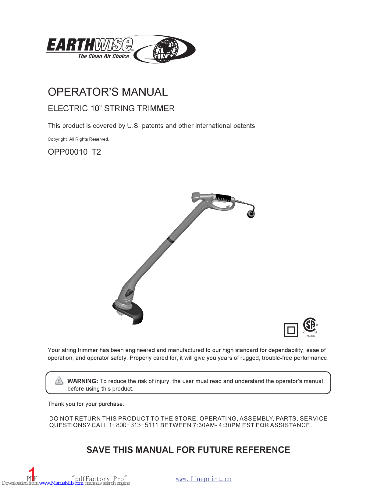 EarthWise OPP00010 T2 Operator's Manual