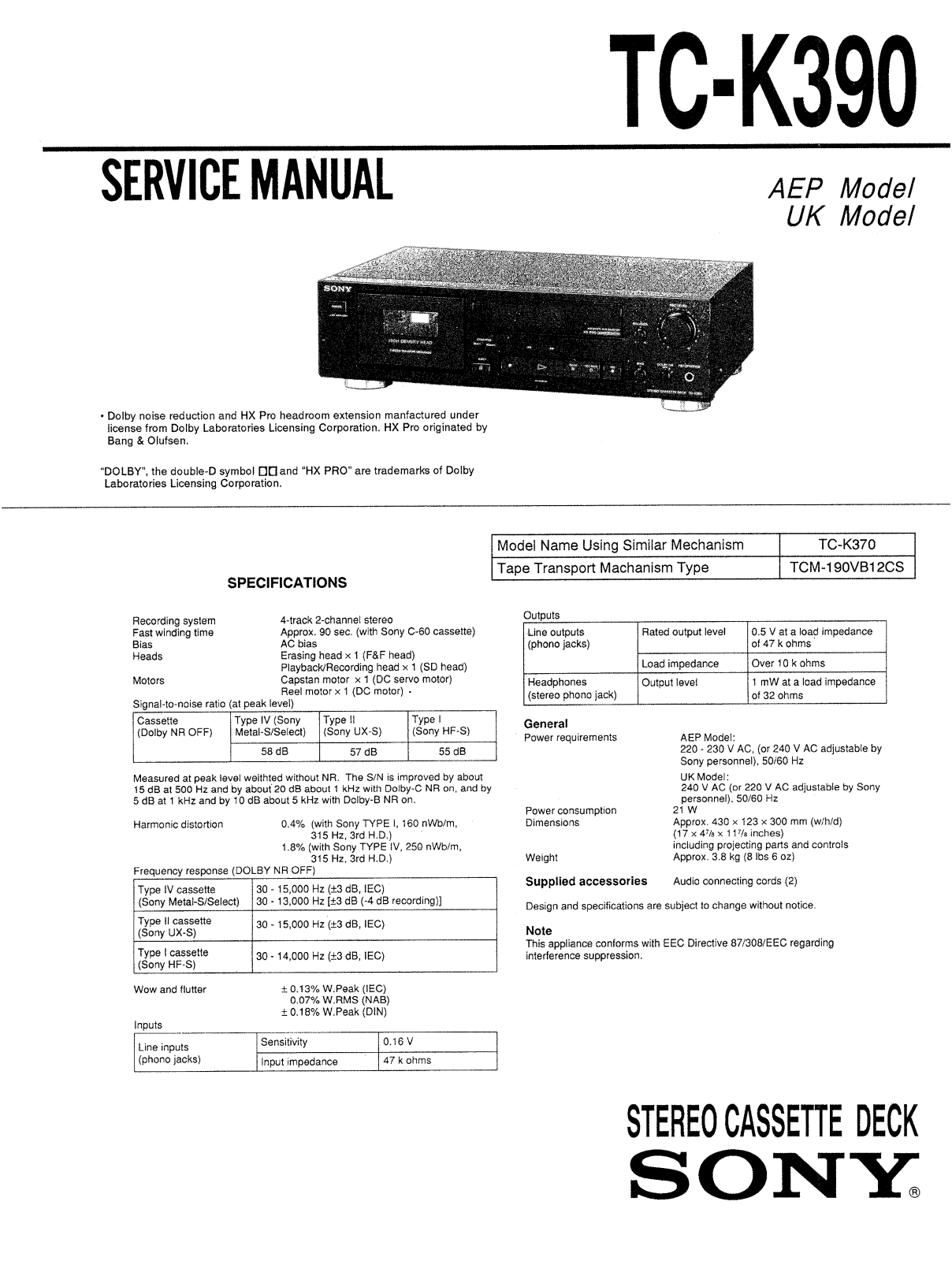 Sony TCK390 Service manual