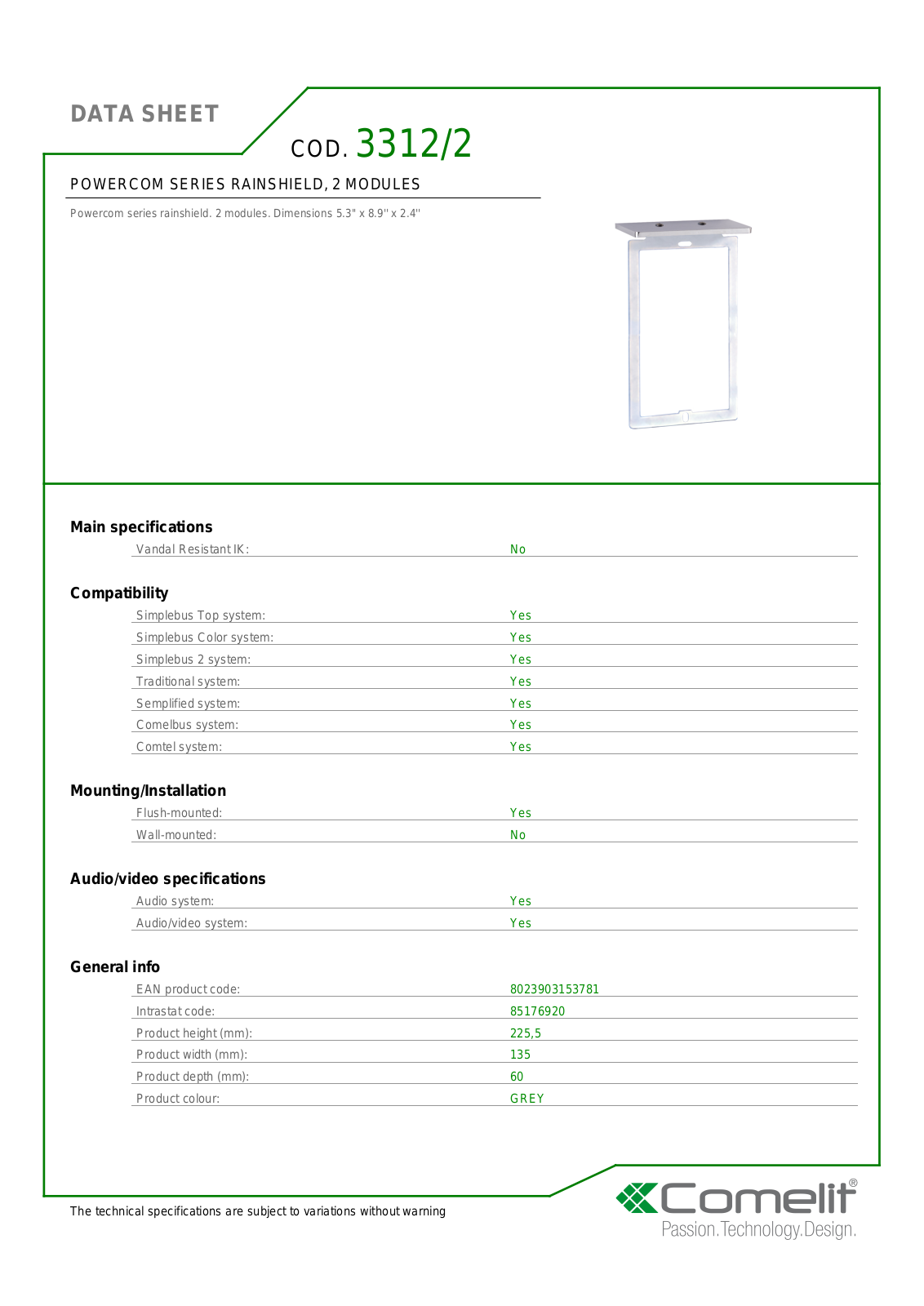 Comelit 3312-2 Specsheet