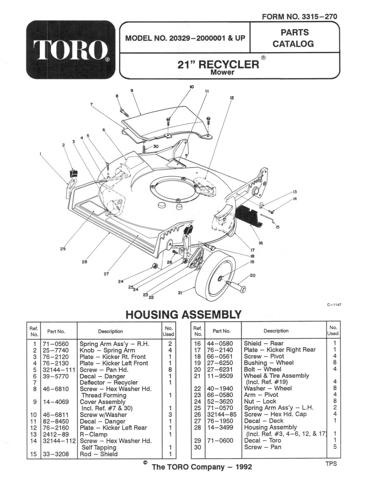 Toro 20329 Parts Catalogue