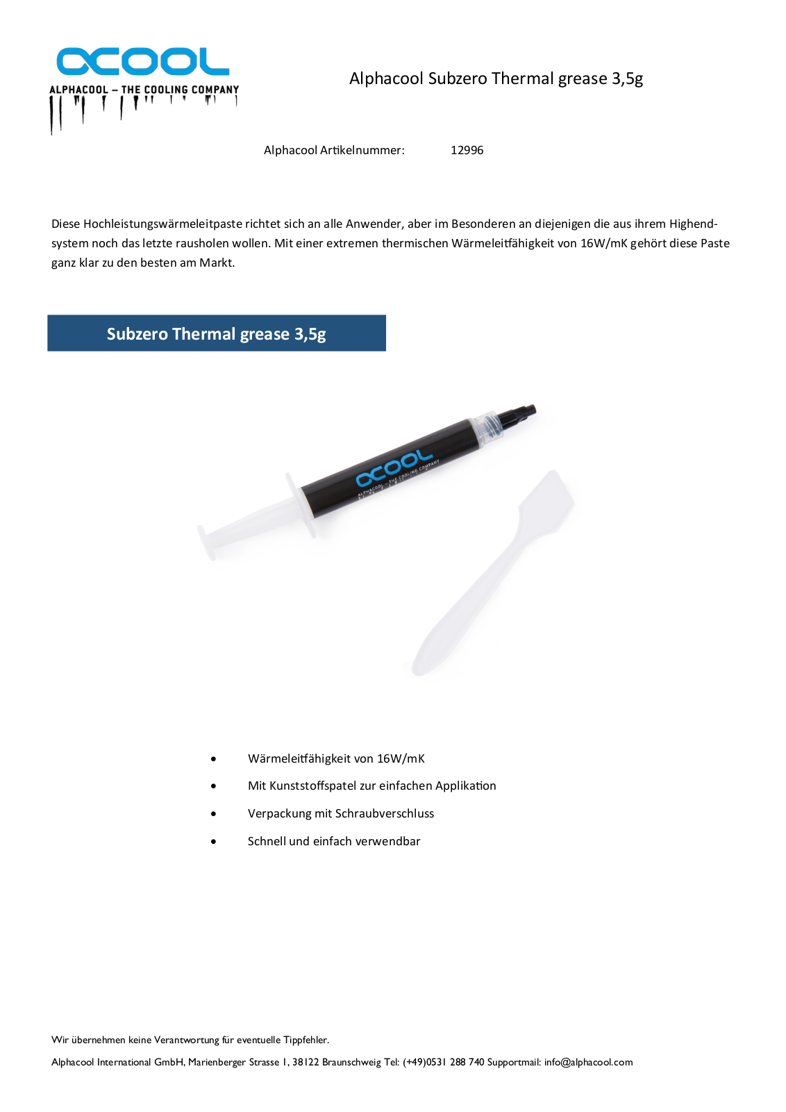 Alphacool Subzero Thermal grease 3,5g User Manual