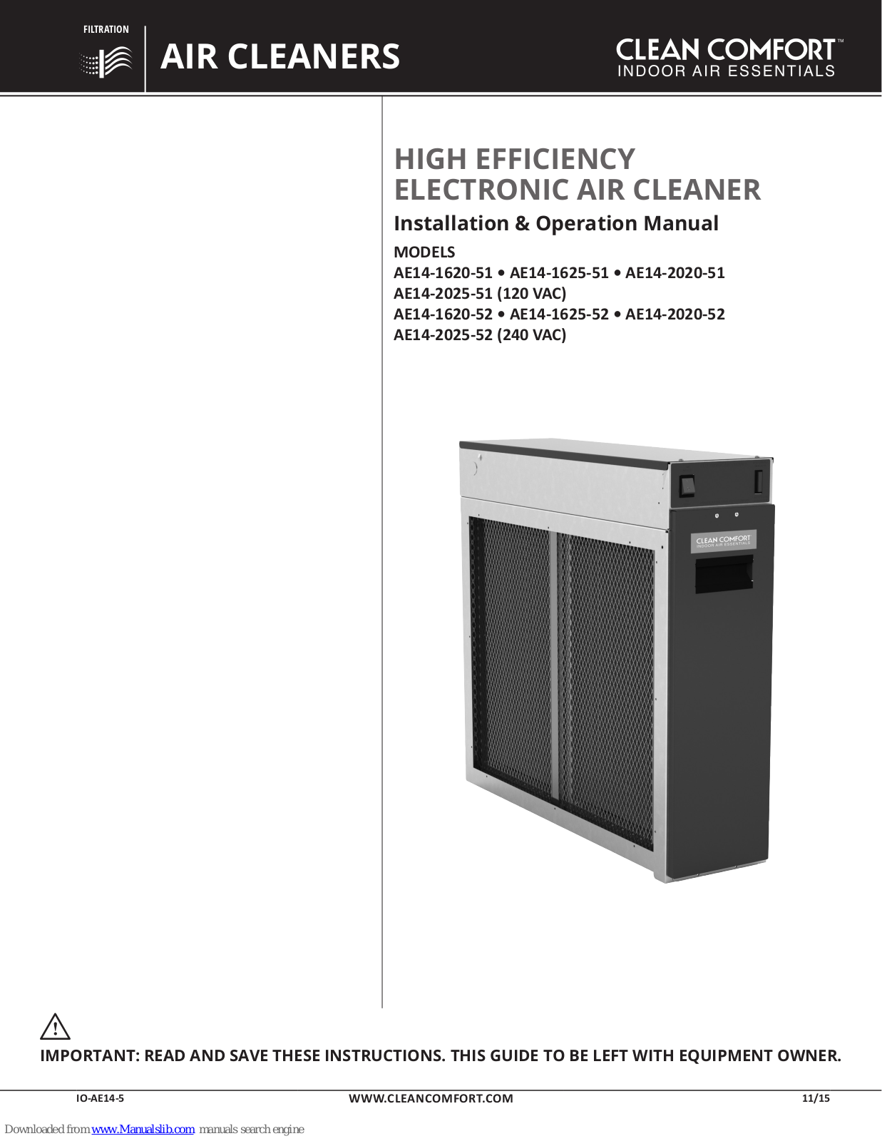 CLEAN COMFORT AE14-1620-51, AE14-2020-51, AE14-1625-51, AE14-2025-51 (120 VAC), AE14-1620-52 Installation & Operation Manual