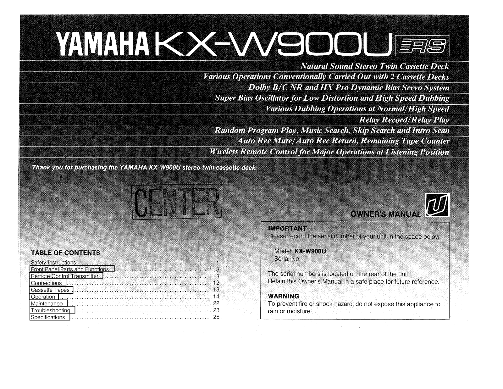 Yamaha KX-W900U, KX-W900URS User Manual