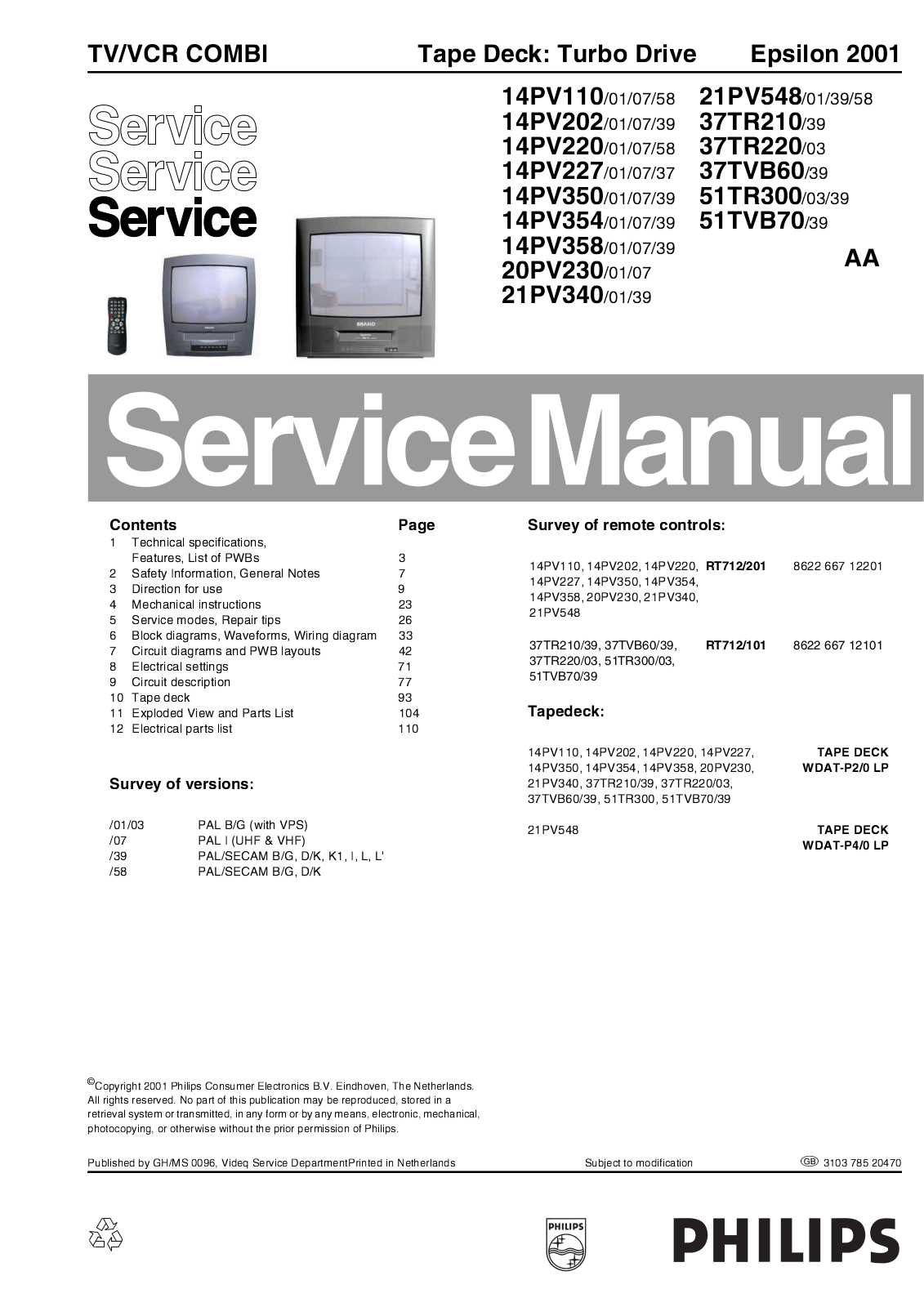 philips 14PV110, 14PV202, 14PV 220, 14PV 227, 14PV230 Service Manual
