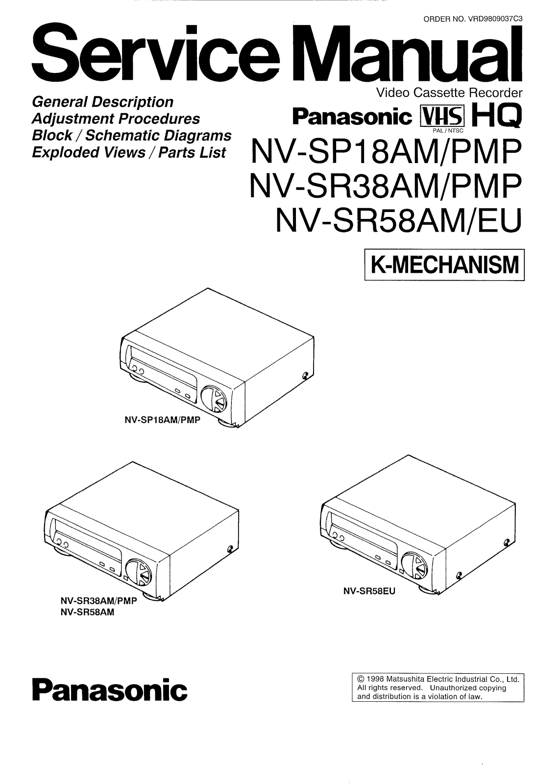 PANASONIC NV-SP18, NV-SPSR38, NV-SP SR58 Service Manual