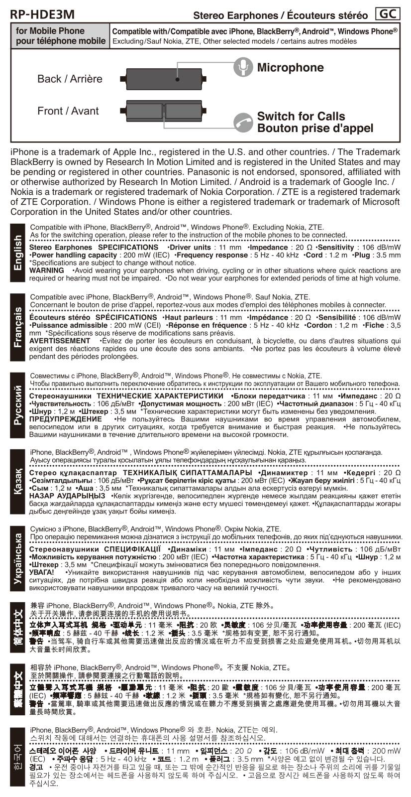 Panasonic RP-HDE3MGC-K User Manual