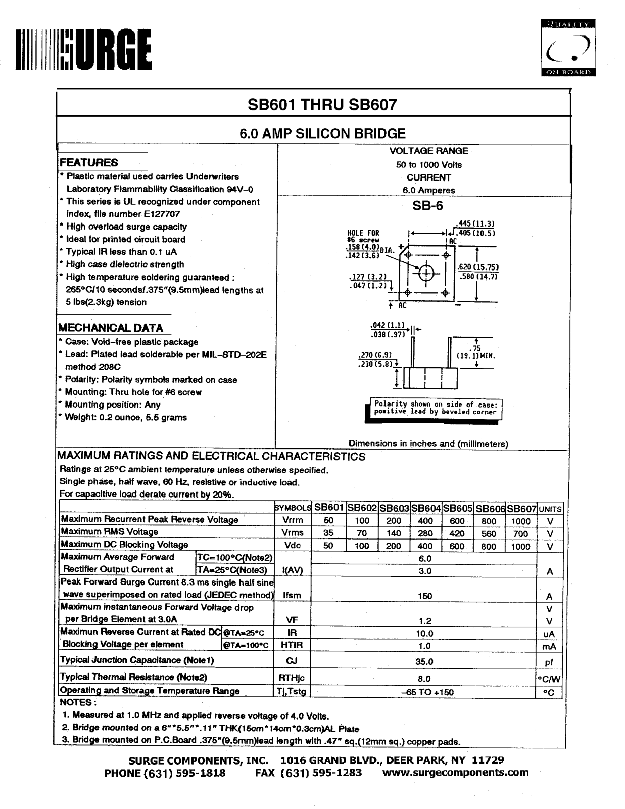 SURGE SB601, SB602, SB603, SB604, SB605 Datasheet