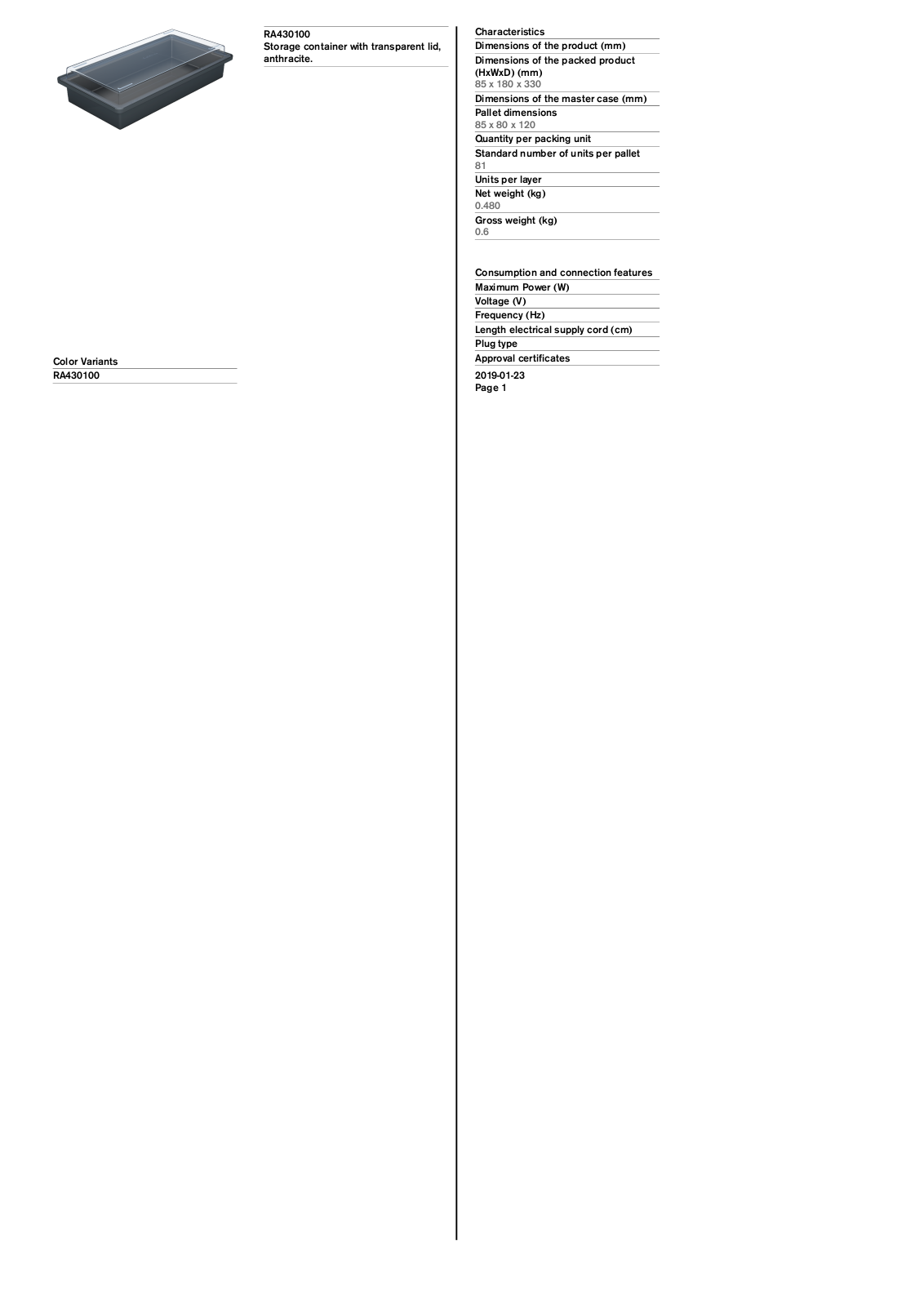 Gaggenau RA430100 PRODUCT SPECIFICATIONS