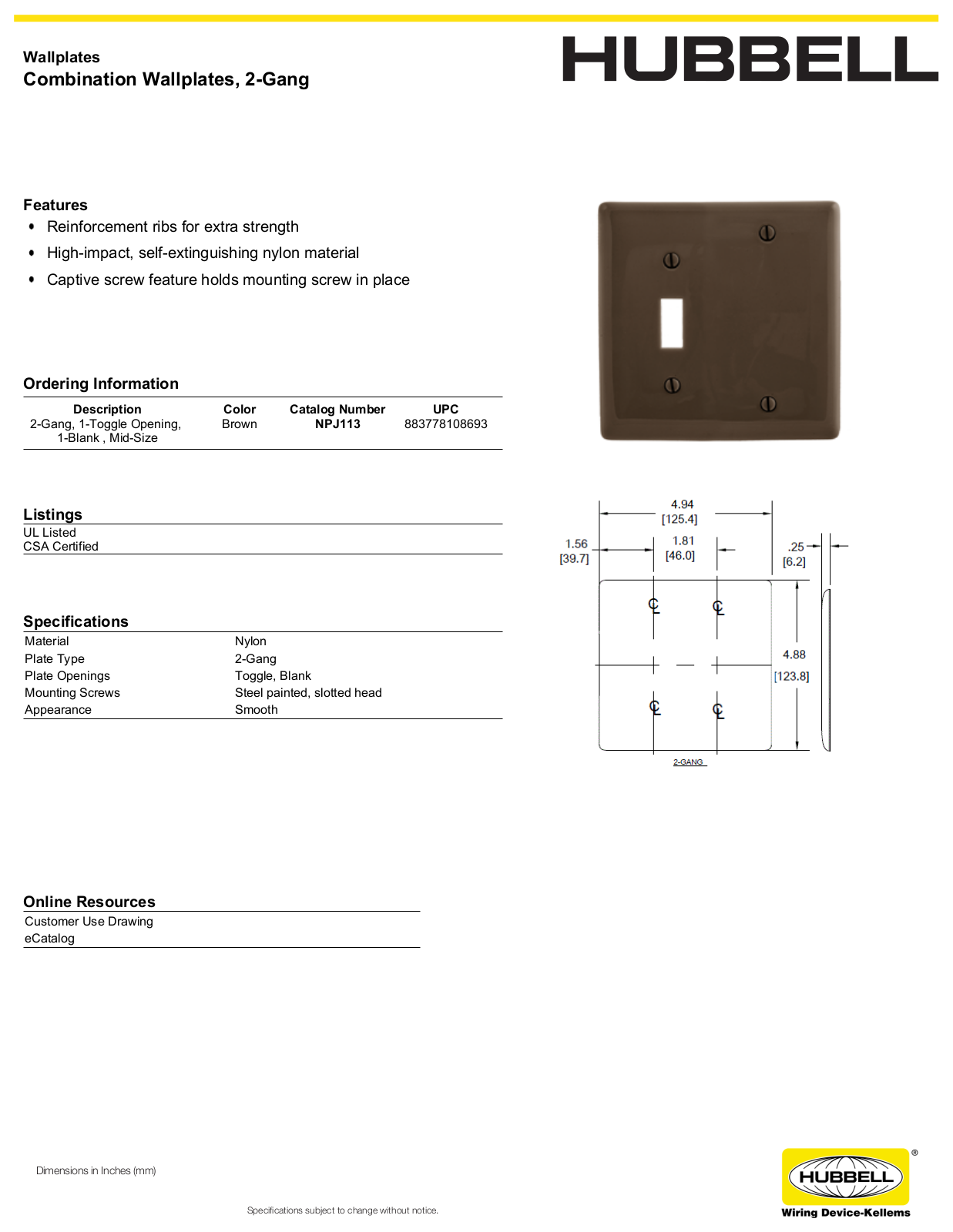 Hubbell NPJ113 Specifications