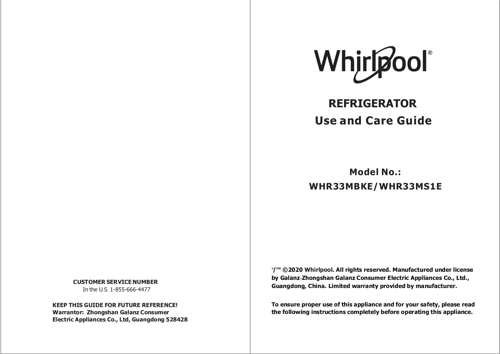 Whirlpool WHR33MBKE, WHR33MS1E Owner's Manual