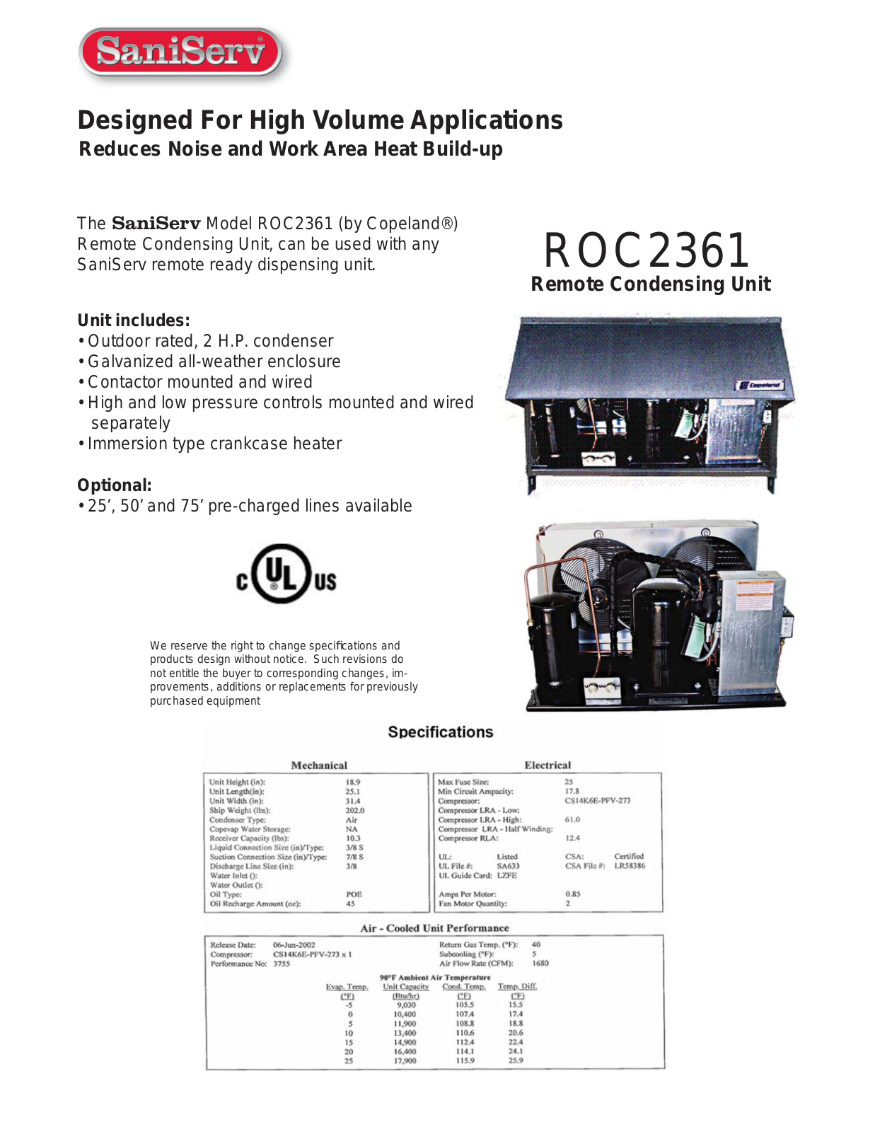 SaniServ ROC2361 Specifications