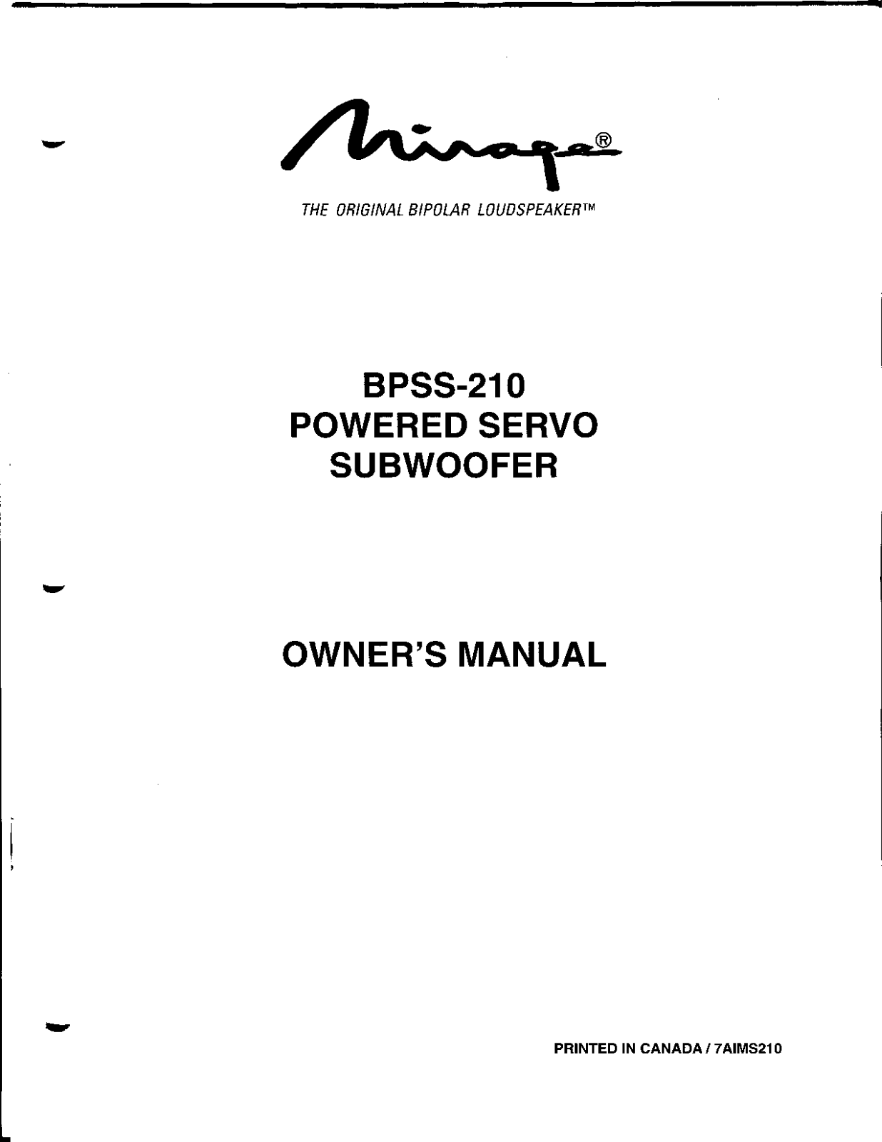 Mirage BPS-S210 Owner's Manual