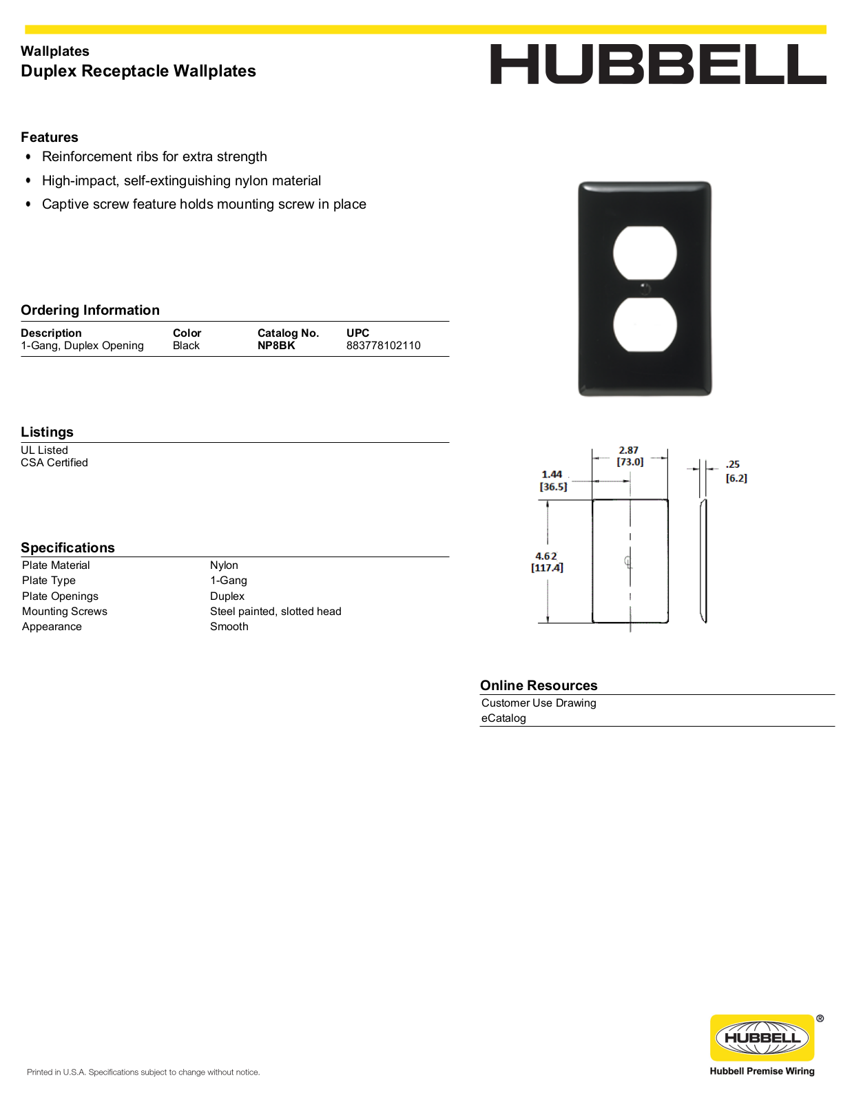 Hubbell NP8BK Specifications