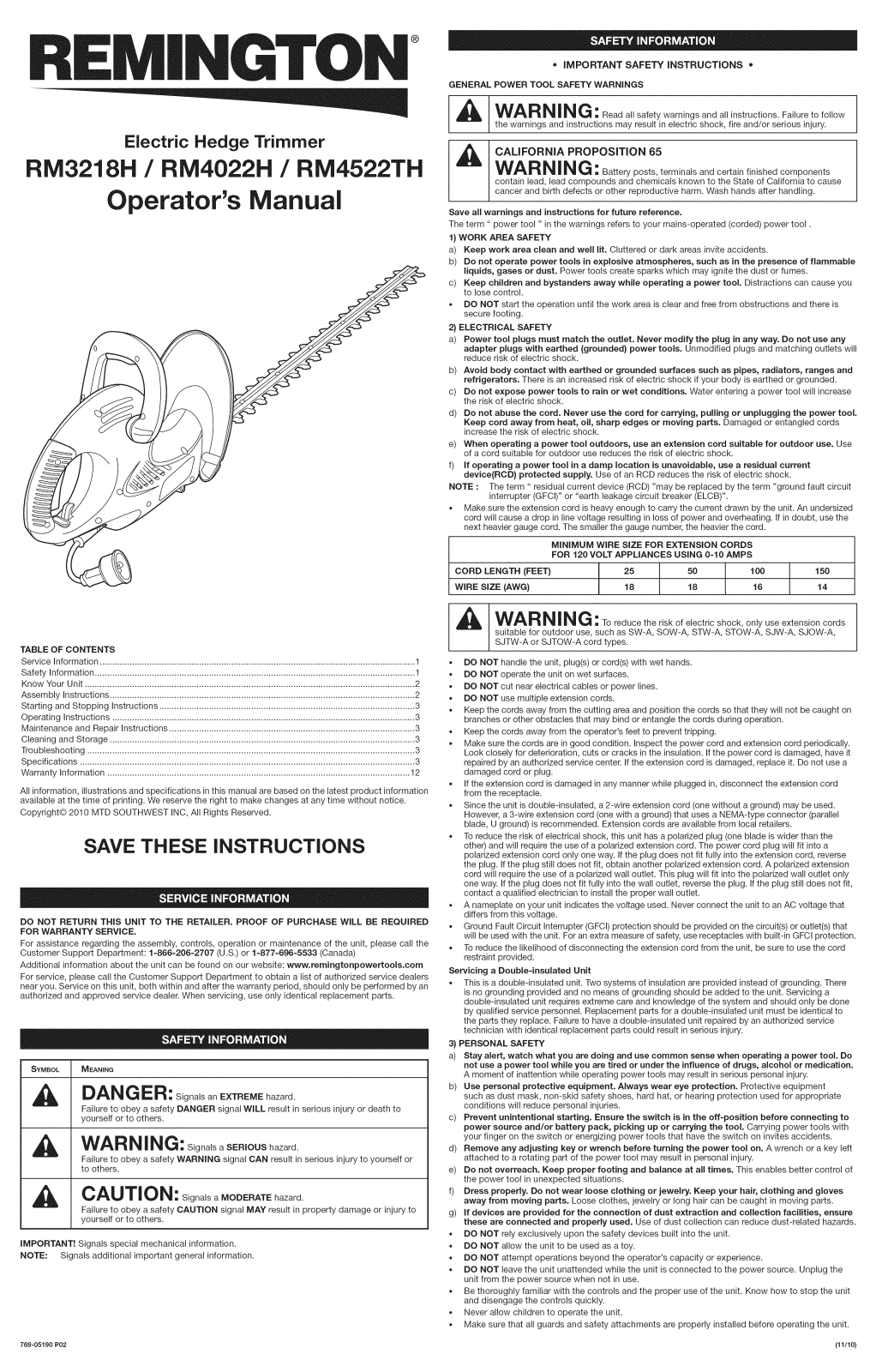 Remington RM3218H, RM4522TH, RM4022H, 41AF458G983 Owner’s Manual