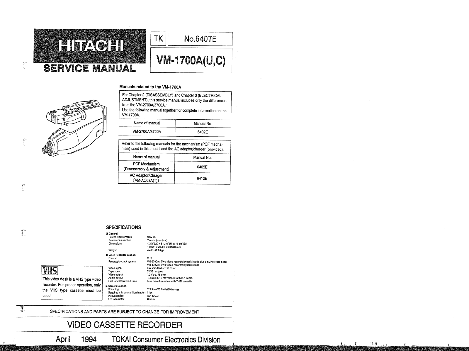 Hitachi VM1700 Service Manual