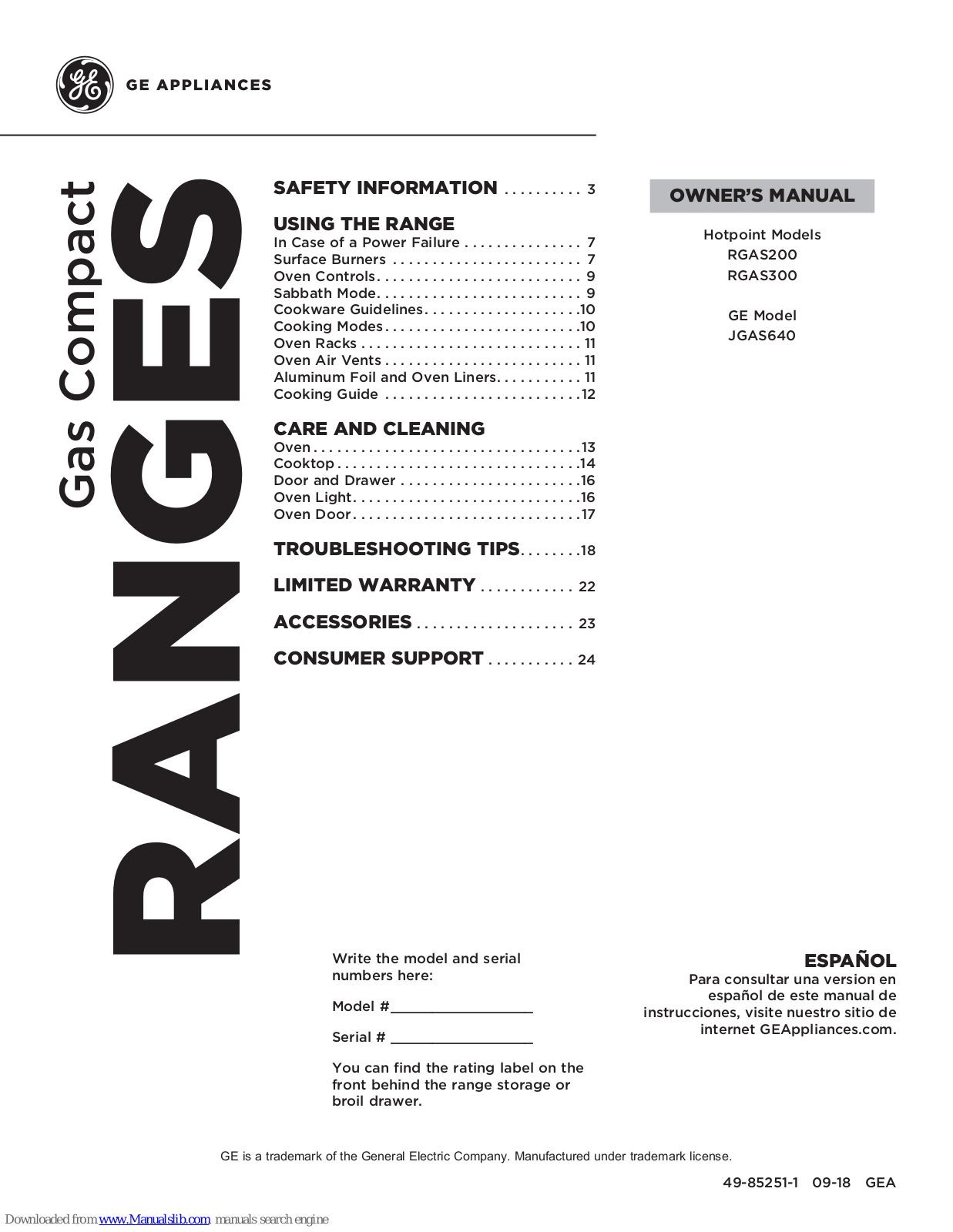 GE RGAS300, RGAS200, JGAS640 Owner's Manual