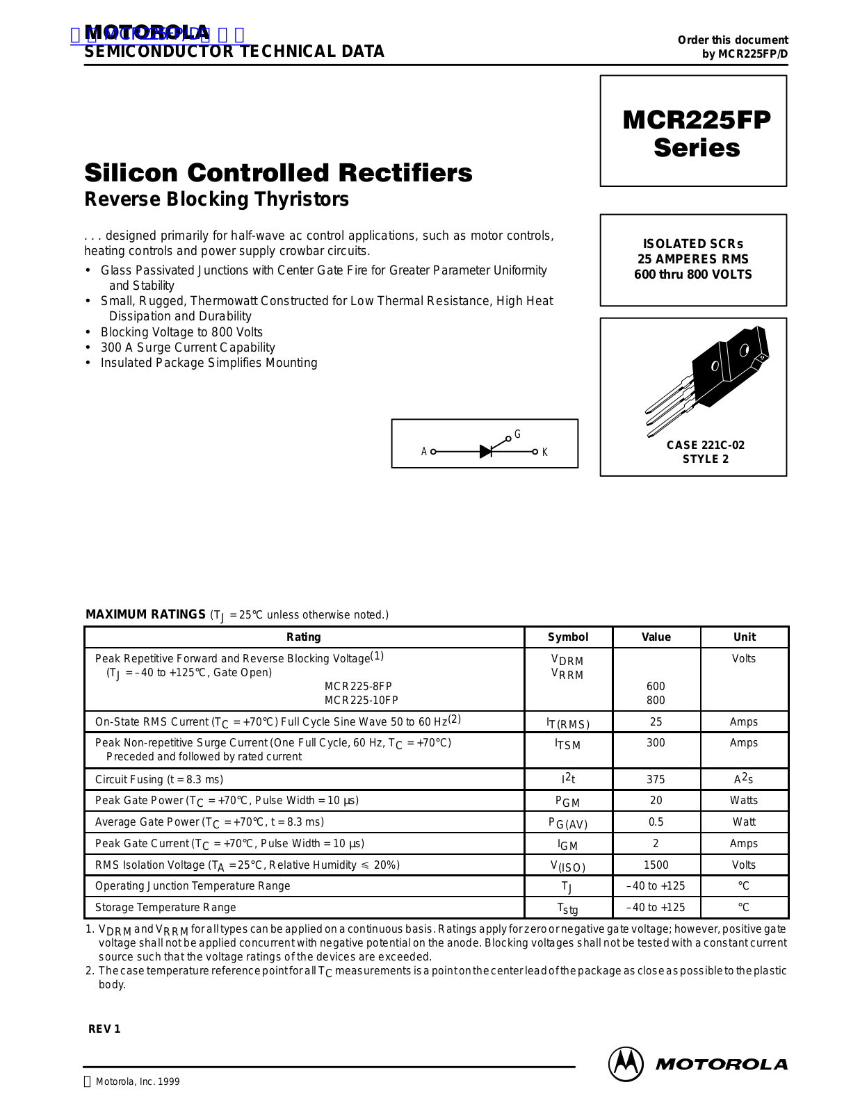 MOTOROLA MCR225FP Technical data