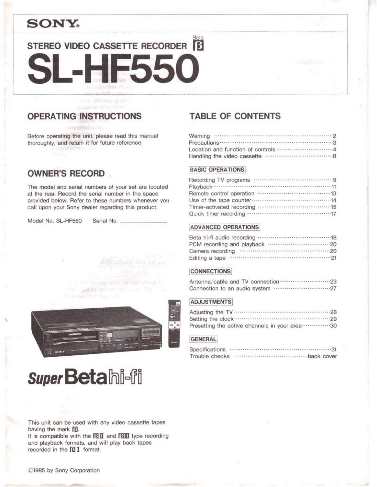 sony sl-hf550 User Manual