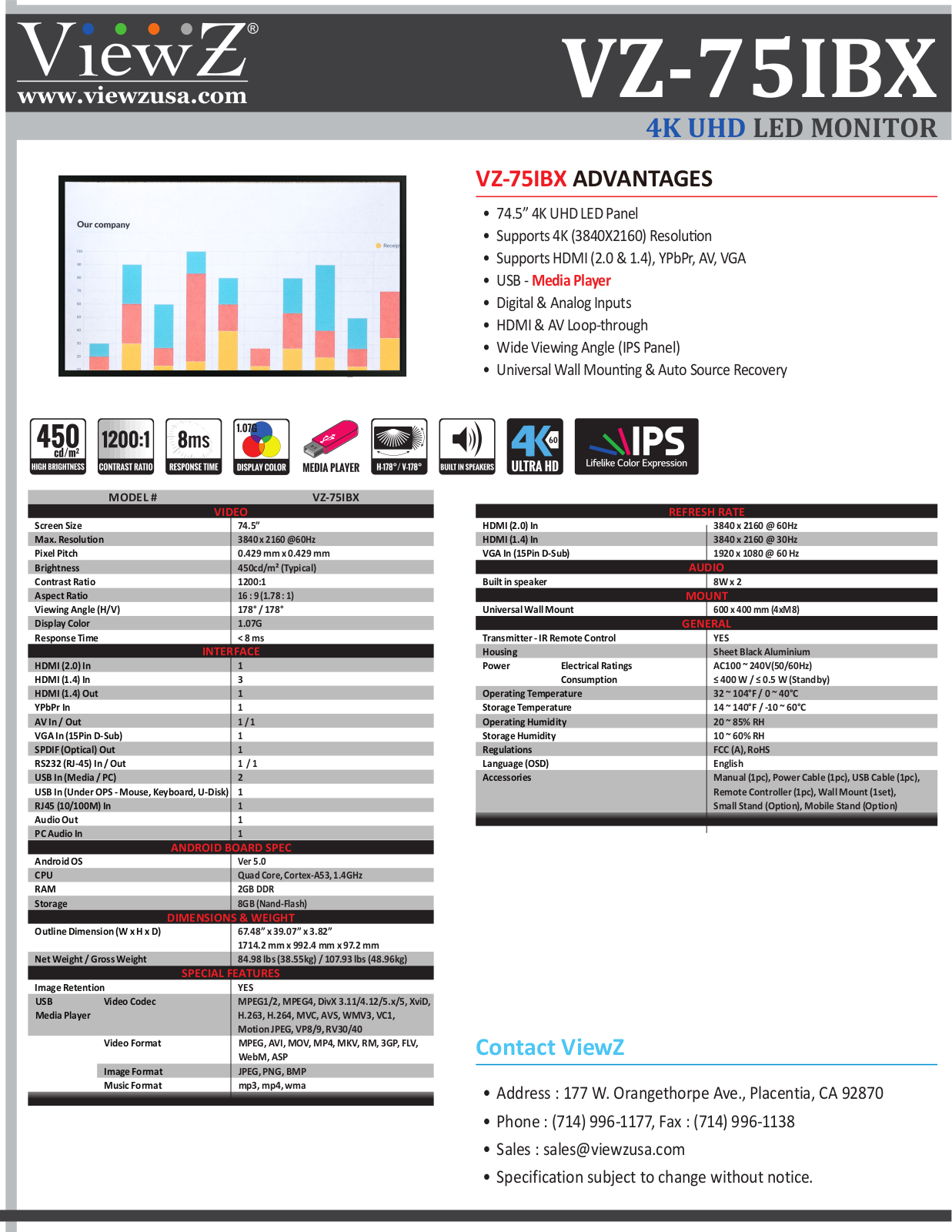 ViewZ VZ-75IBX Specsheet