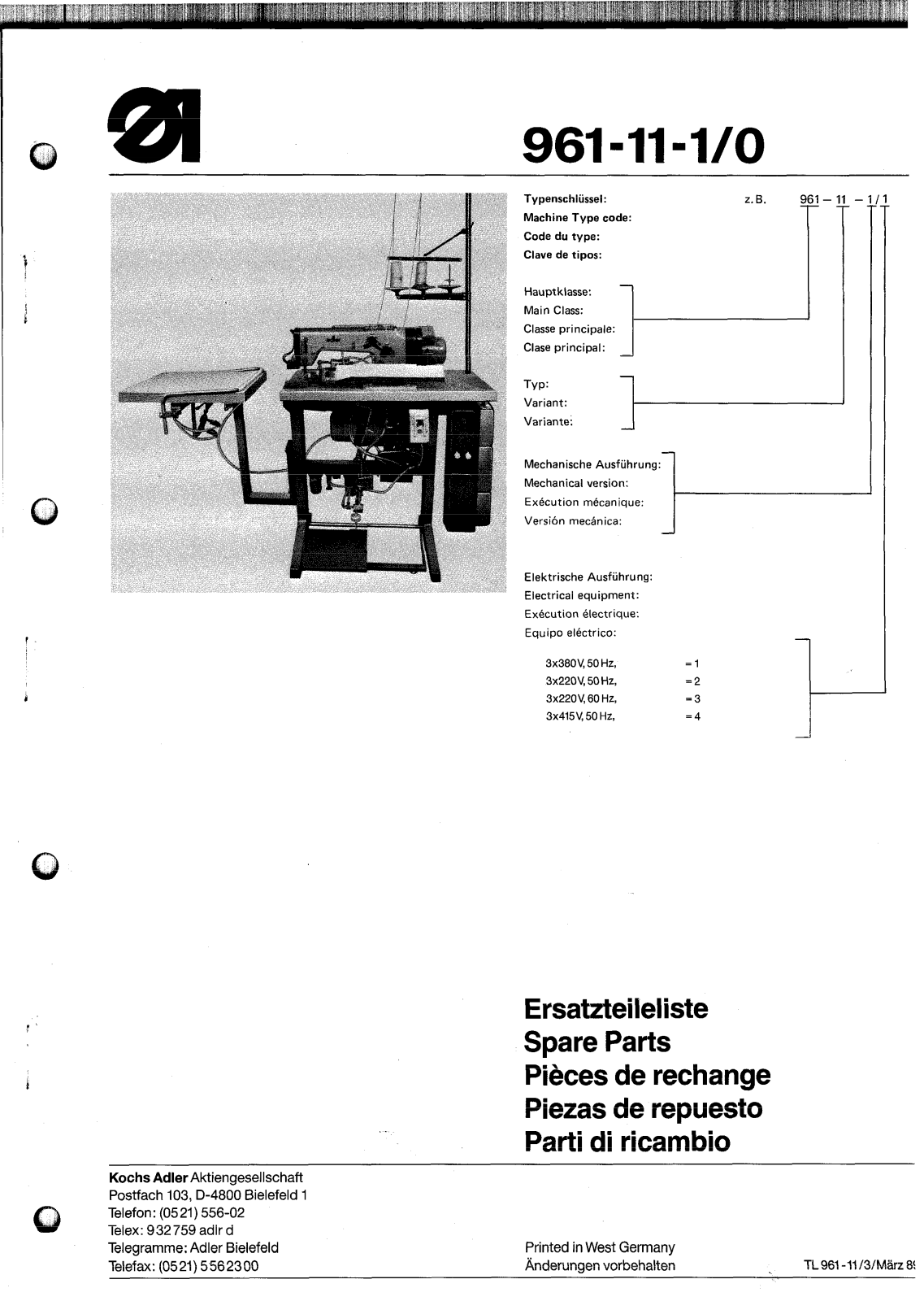 DURKOPP 961-11-l/0 Parts List