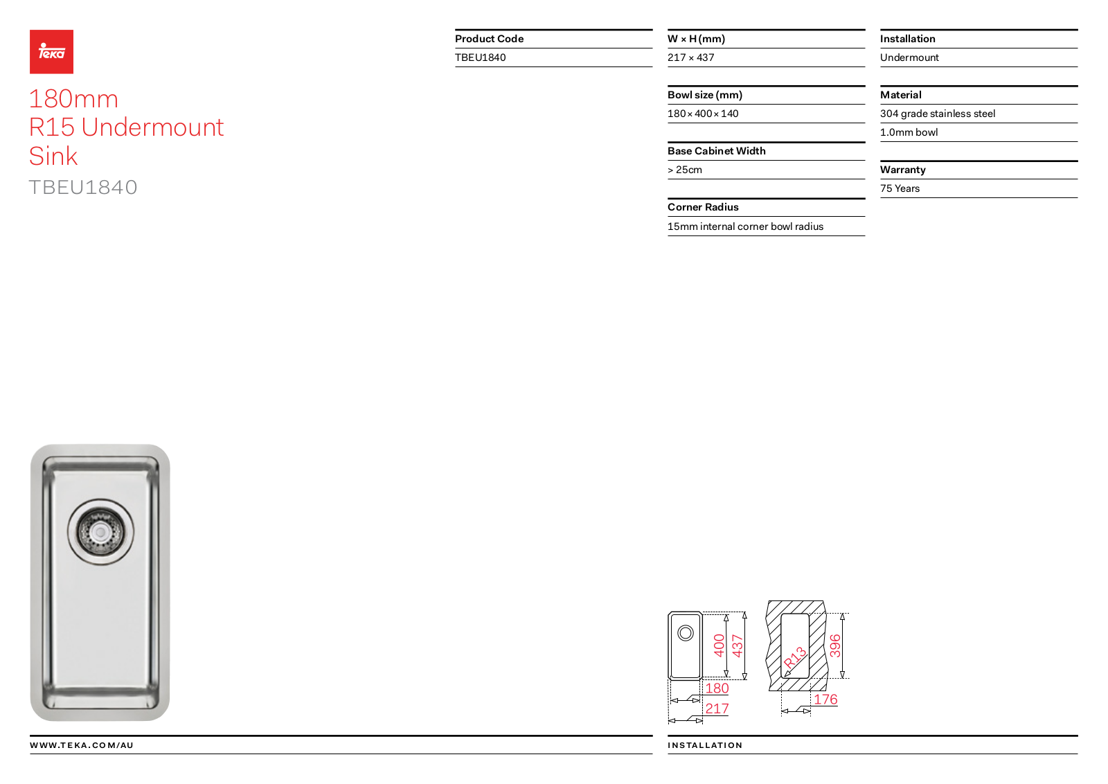 Teka TBEU1840 Specifications Sheet