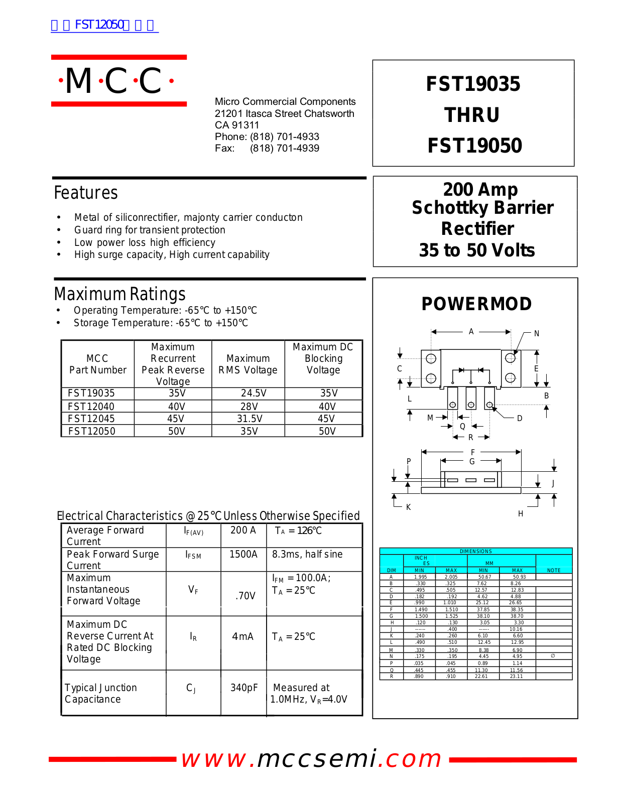 Micro Commercial Components FST19035, FST19050 Technical data