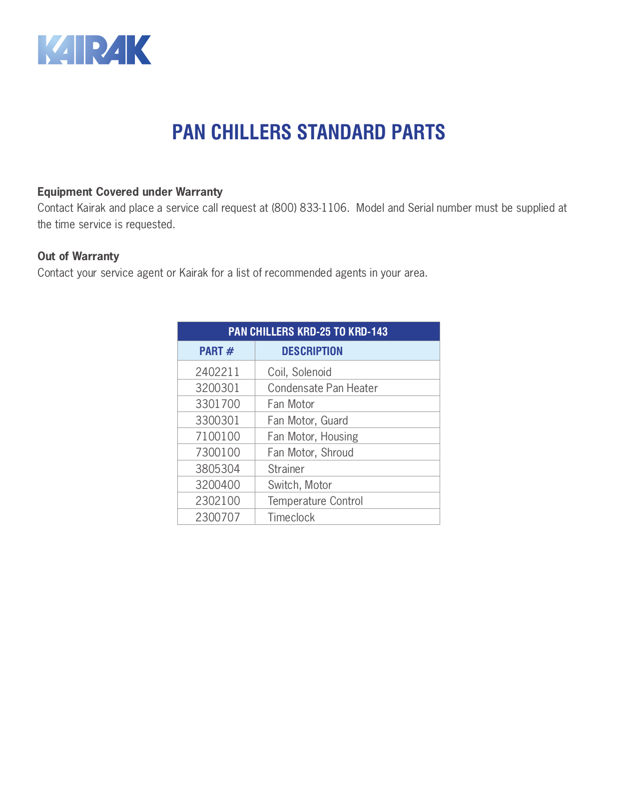 Kairak KRD-143 Parts List