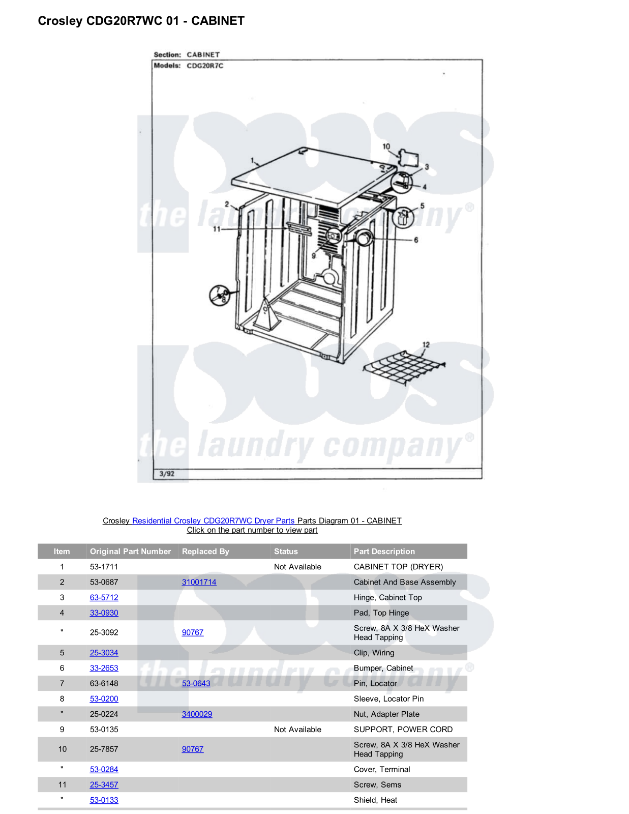 Crosley CDG20R7WC Parts Diagram