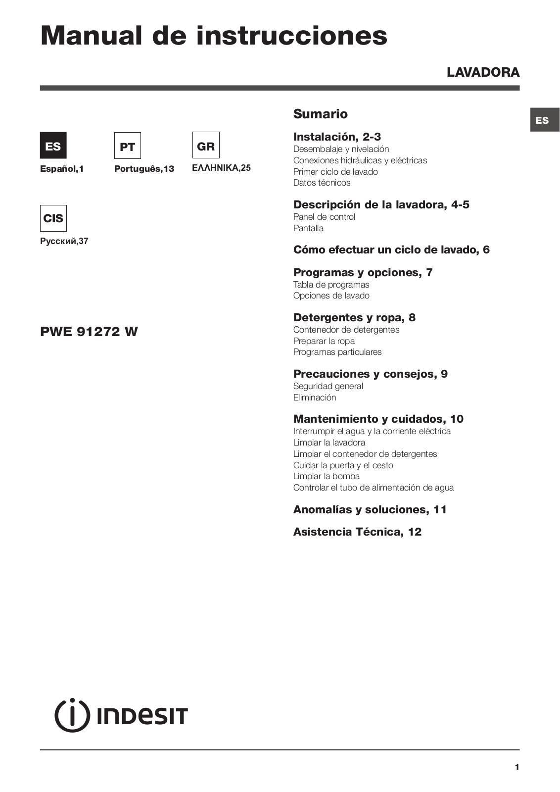 Indesit PWE 91272 W User manual