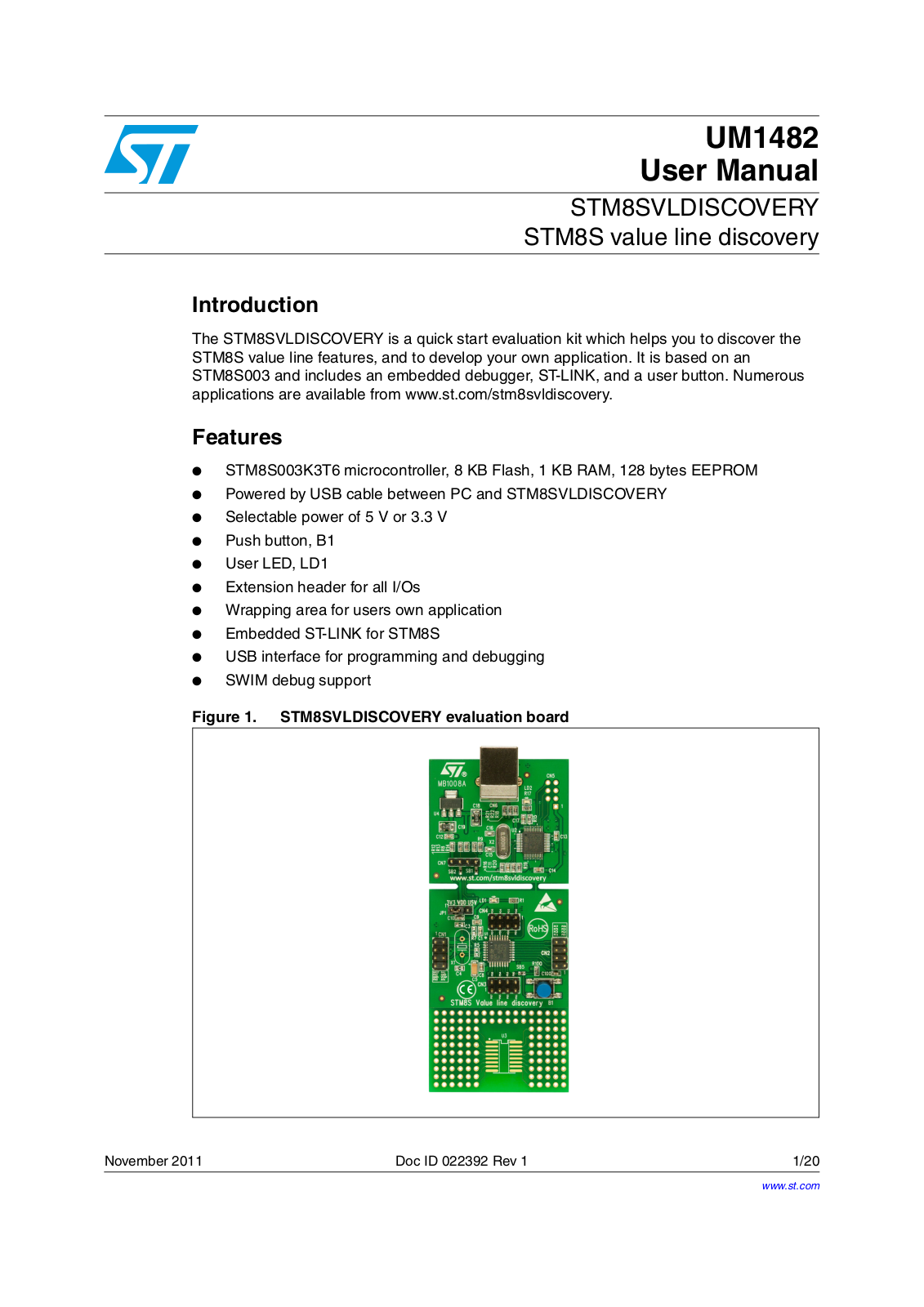 STMicroelectronics STM8SVLDISCOVERY, STM8S User Manual