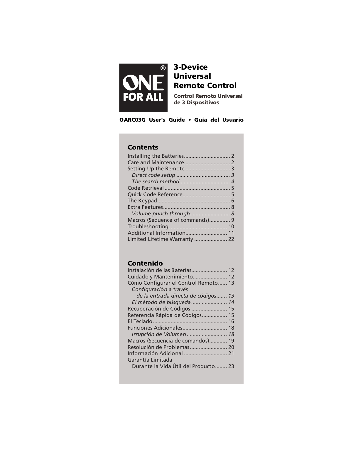 One for All OARH01B, OARC03G User Manual