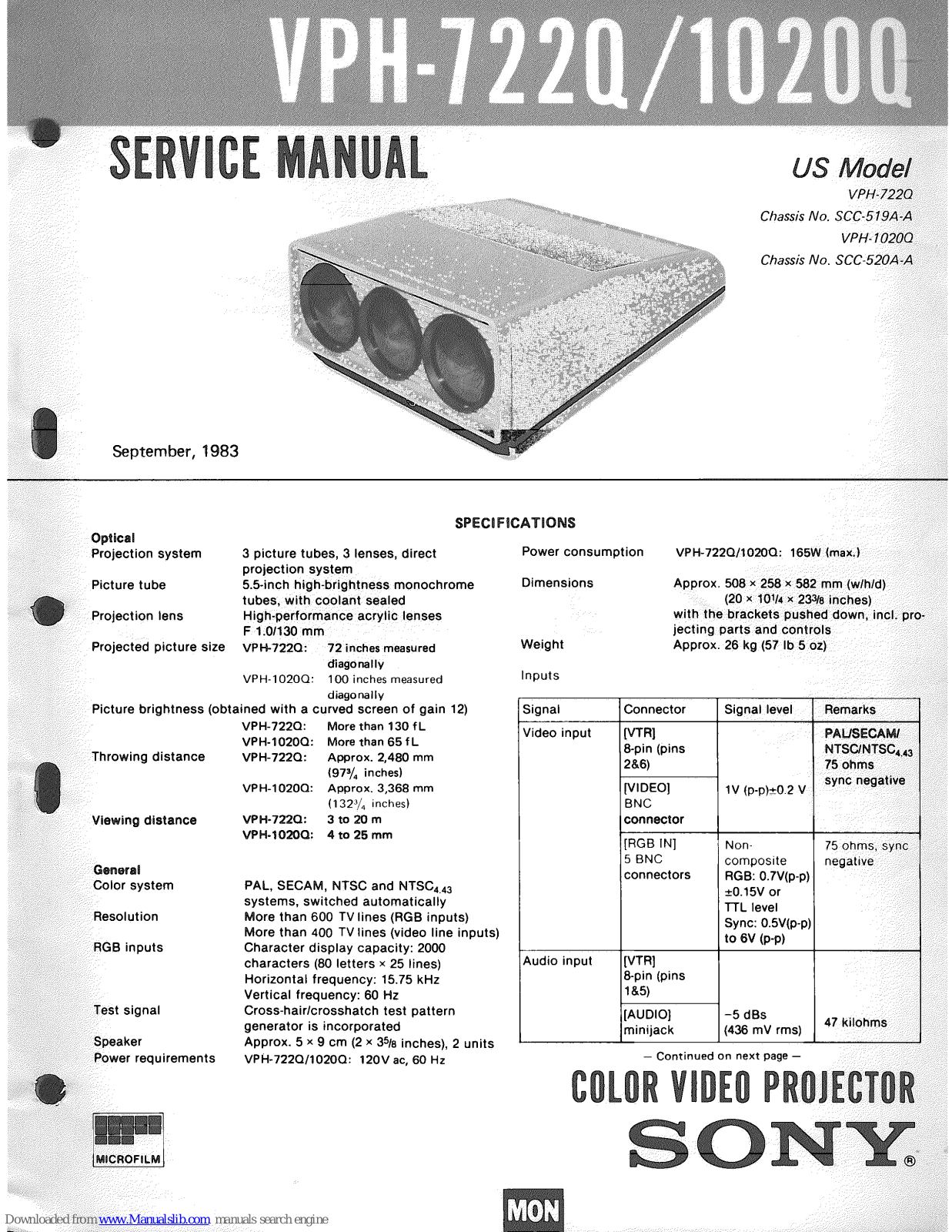 Sony VPH-722Q, VPH-1020Q Service Manual