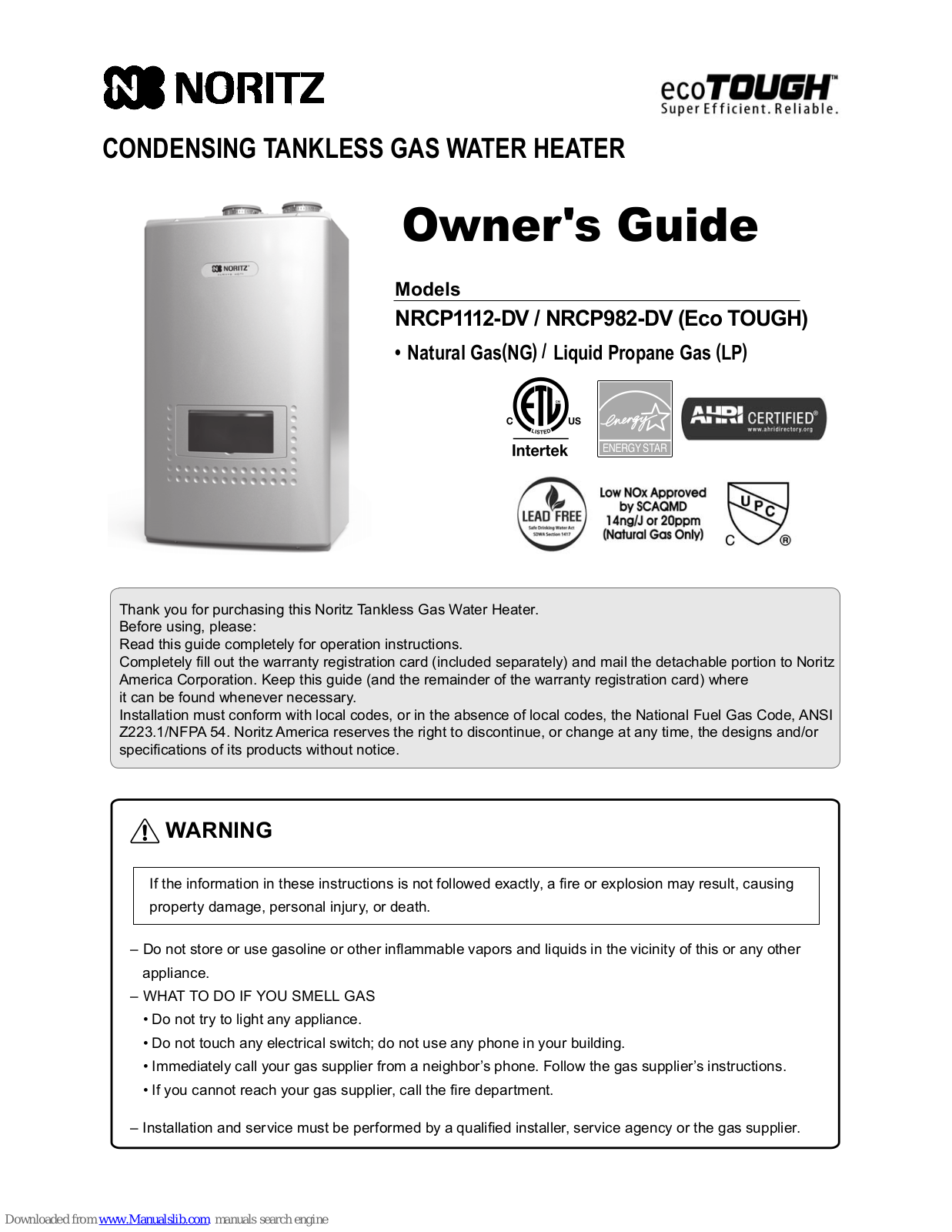 Noritz NRCP1112-DV, NRCP982-DV Owner's Manual