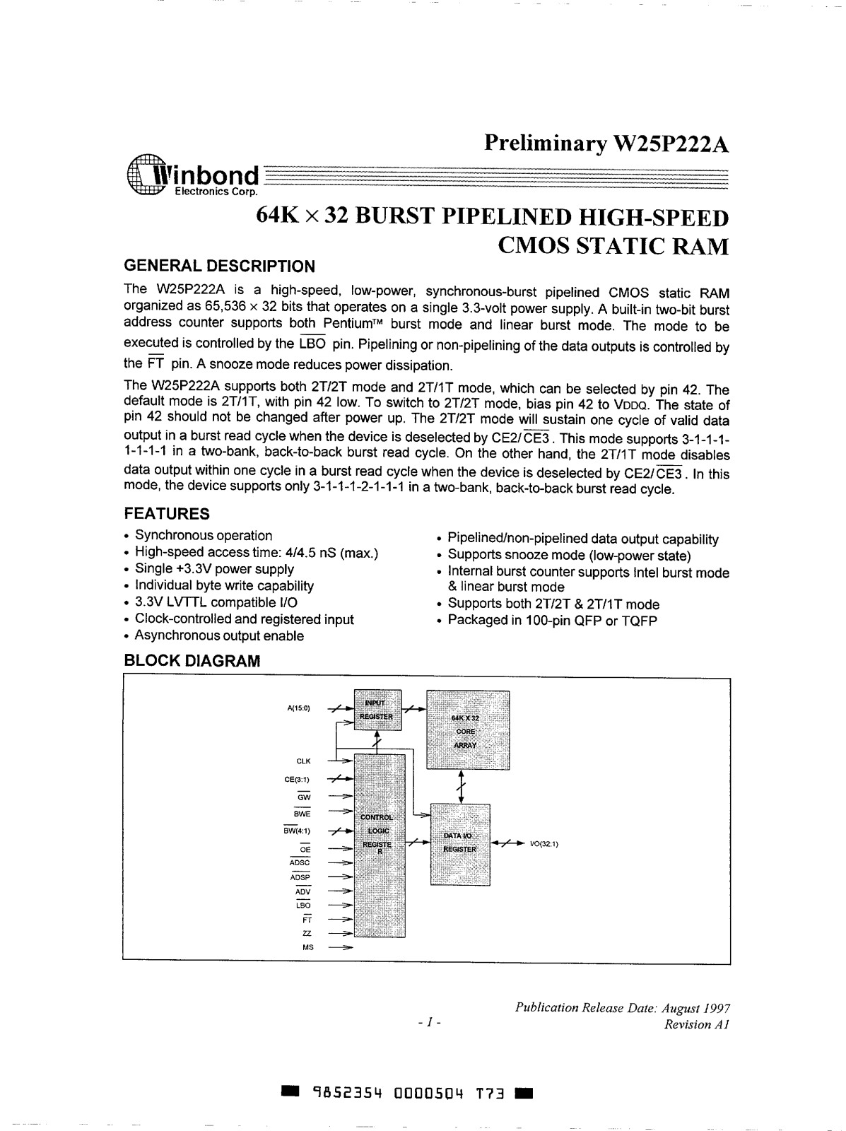 Winbond Electronics W25P222AF-4A, W25P222AF-4, W25P222AD-4A, W25P222AD-4 Datasheet